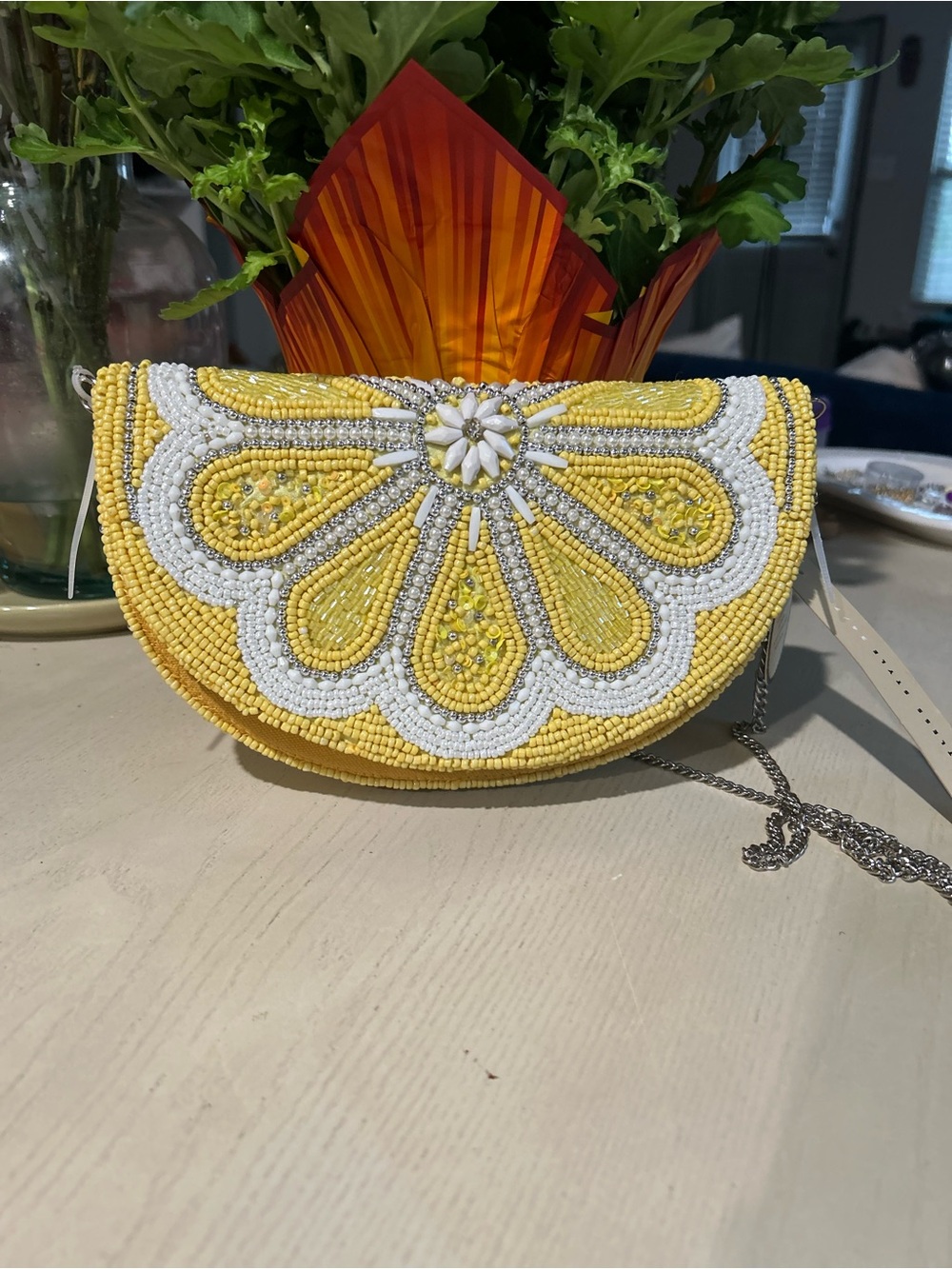 Beaded Floral Petal Clutch - Yellow